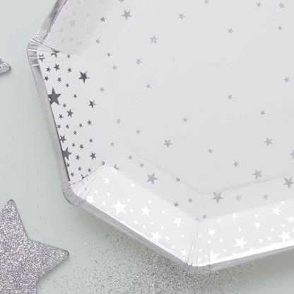 Silver Stars White Christmas Paper Party Plates Pk 8