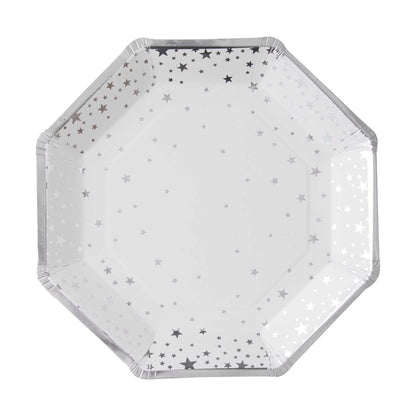 Silver Stars White Christmas Paper Party Plates Pk 8