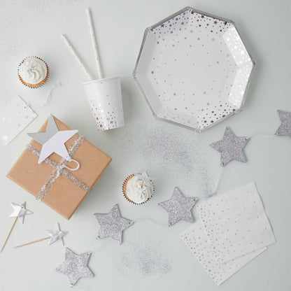 Silver Stars White Christmas Paper Party Plates Pk 8