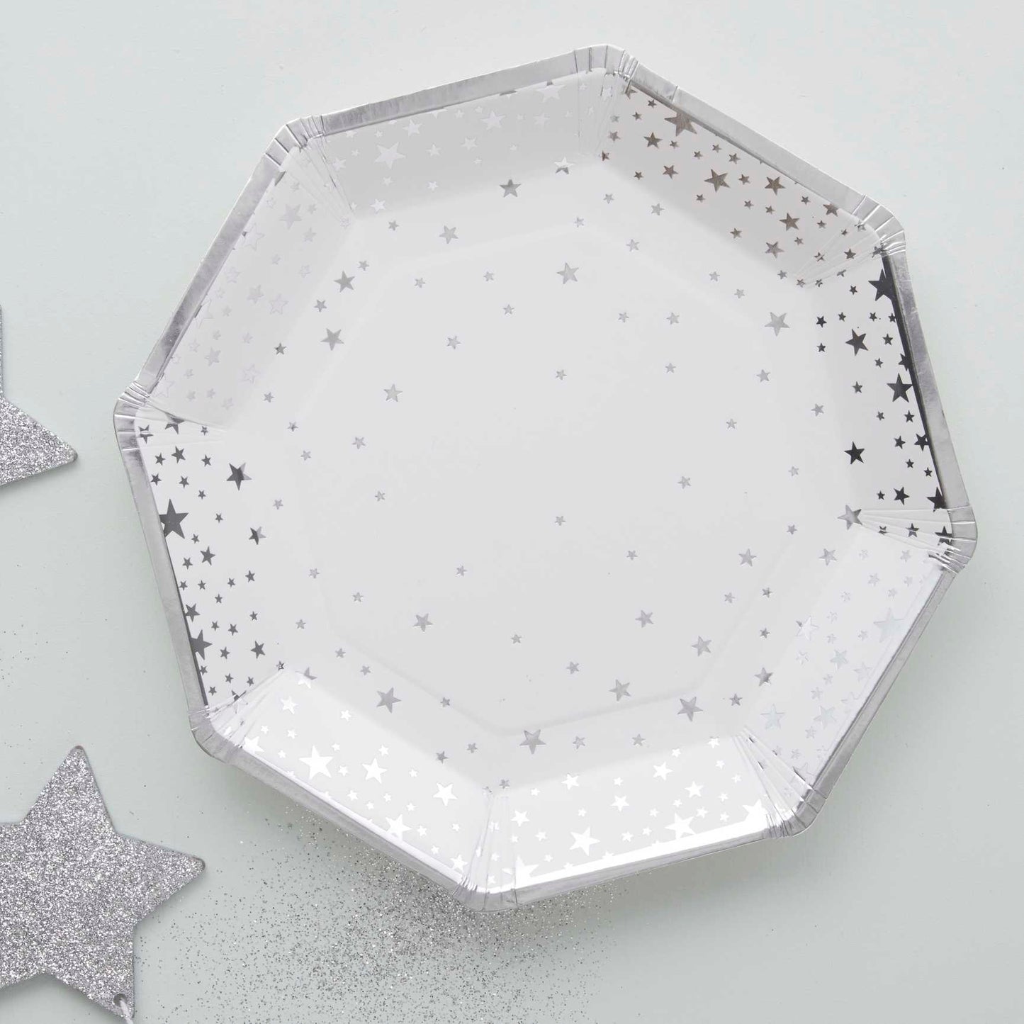 Silver Stars White Christmas Paper Party Plates Pk 8