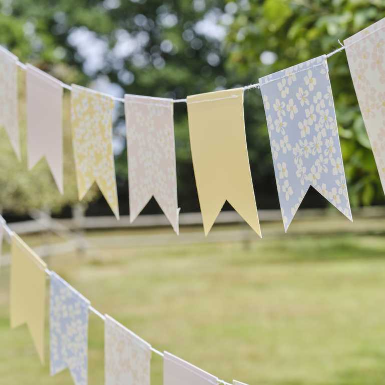 floral flower daisy paper party theme hanging banner bunting decorations for a garden party or tea party