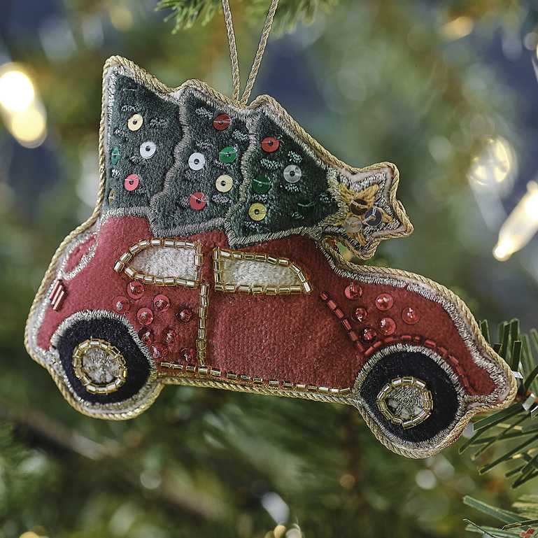 Velvet Beaded Red Car Christmas Tree Ornament Decoration