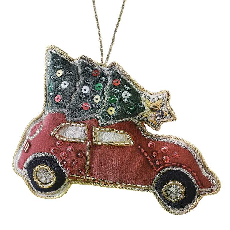 Velvet Beaded Red Car Christmas Tree Ornament Decoration