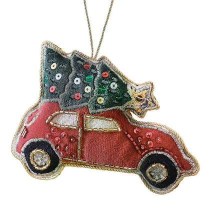 Velvet Beaded Red Car Christmas Tree Ornament Decoration