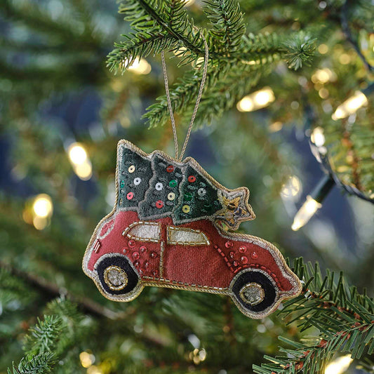 Velvet Beaded Red Car Christmas Tree Ornament Decoration