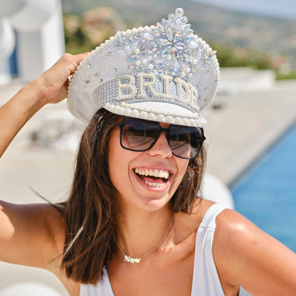 Bride sequin sailors captian hat for a bridal shower, hens party or bachelorette party. Featuring gemstones, pearles, sparkles and the word "BRIDE' written on it