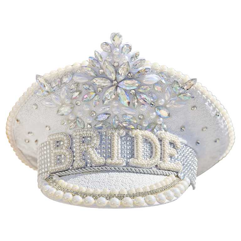 Bride sequin sailors captian hat for a bridal shower, hens party or bachelorette party. Featuring gemstones, pearles, sparkles and the word "BRIDE' written on it