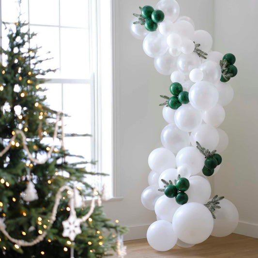 White & Green Winter Snow Foilage Balloon Garland Christmas Decoration