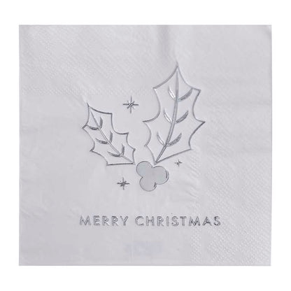 White & Silver Merry Christmas Paper Party Napkins Serviettes Pk 16