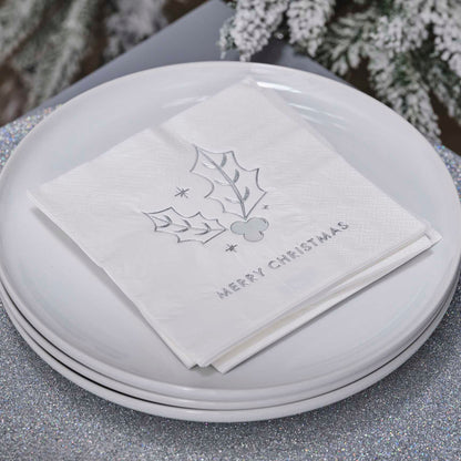 White & Silver Merry Christmas Paper Party Napkins Serviettes Pk 16