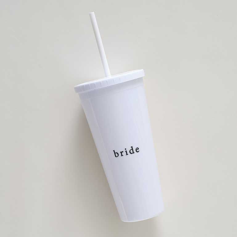 White Reusable Bride Hens Party Drink Cup with Straw