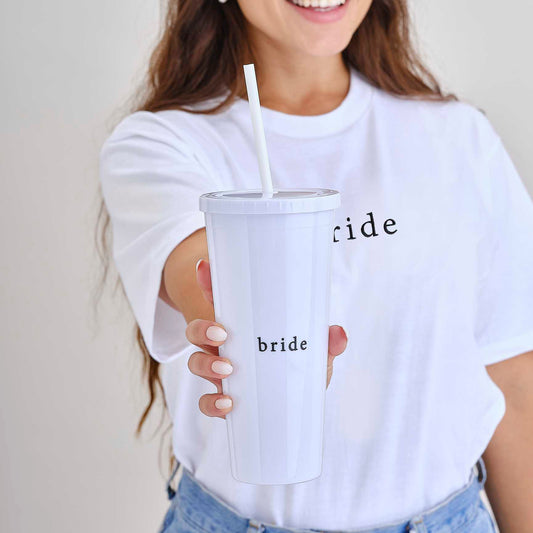 White Reusable Bride Hens Party Drink Cup with Straw