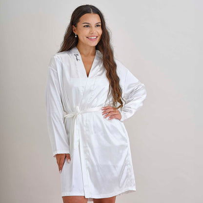 White Satin Bride Embroidered Wedding Robe Gown