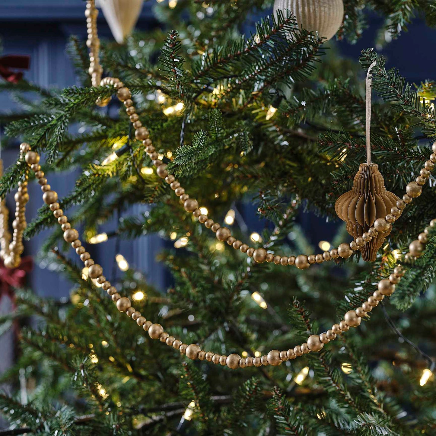 Gold Wooden Beaded Christmas Tree Garland Decoration
