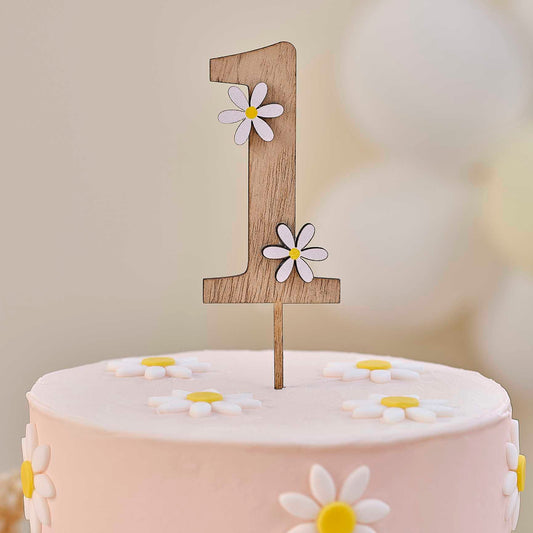 Wooden Daisy Flower 1st First Birthday Cake Topper