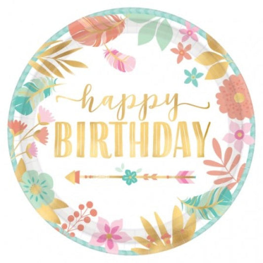 Small Boho Happy Birthday Paper Party Plates