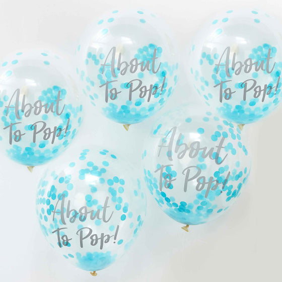 about to pop blue boys gender reveal baby shower balloons decorations