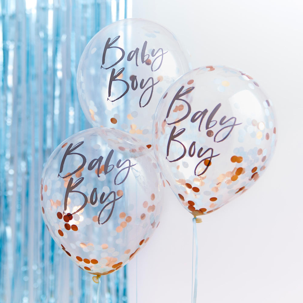 baby boy gender reveal baby shower confetti party ballloons decorations cannon cake rose gold writing baby boy