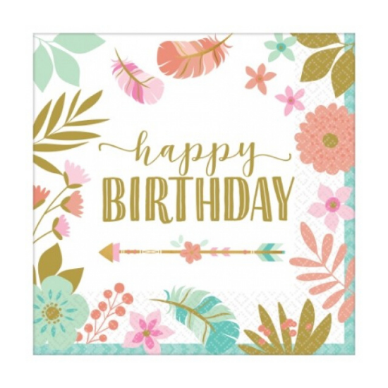 Large Boho Happy Birthday Paper Party Napkins Serviettes