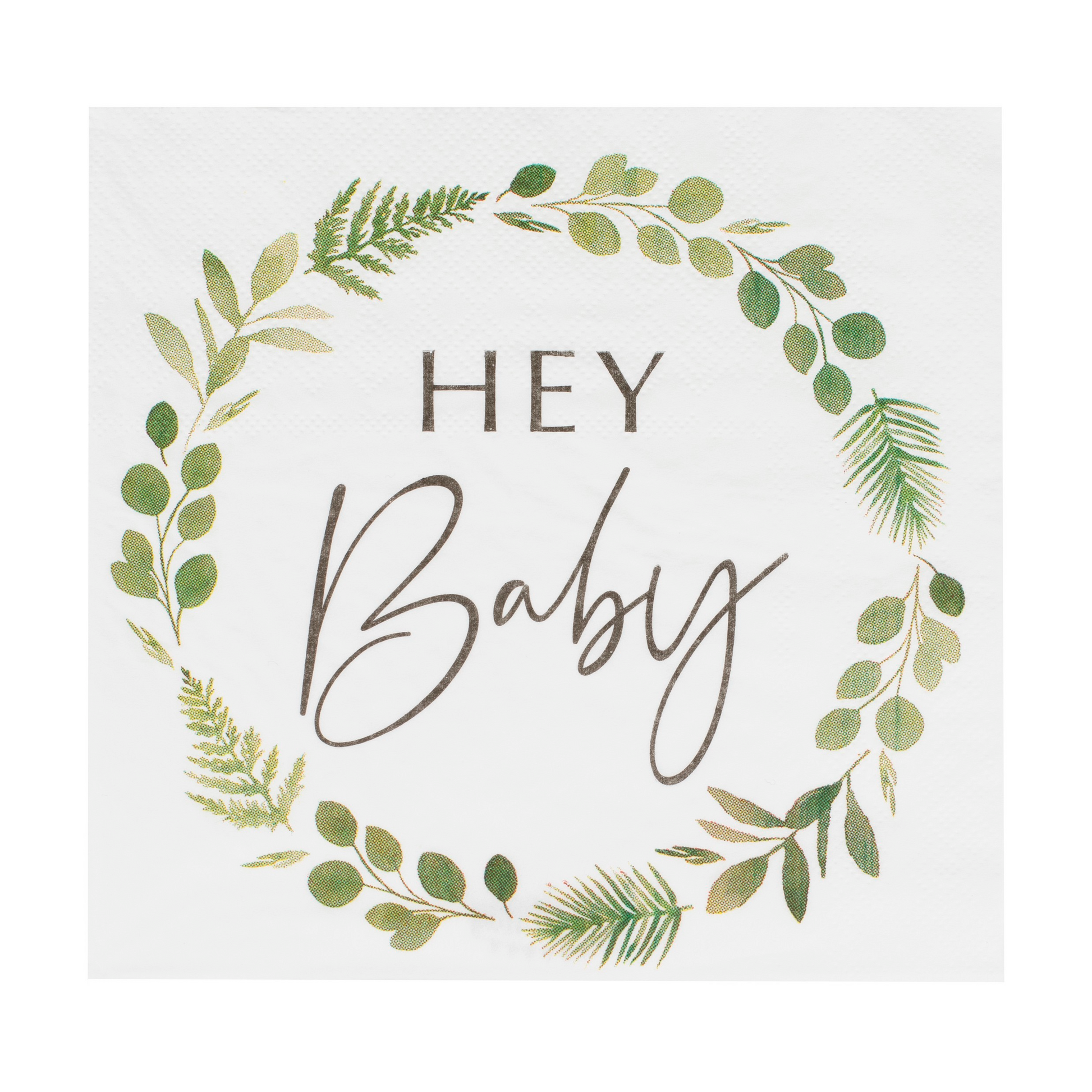 hey baby botanical gender neutral foilage green and white baby shoer gender reveal napkins serviettes