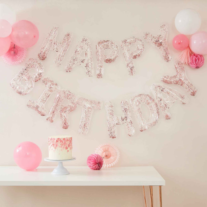 clear pink confetti happy birthday letter writing words hanging balloons party decorations