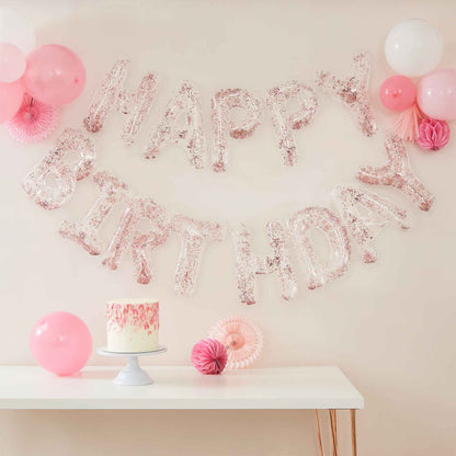 clear pink confetti happy birthday letter writing words hanging balloons party decorations