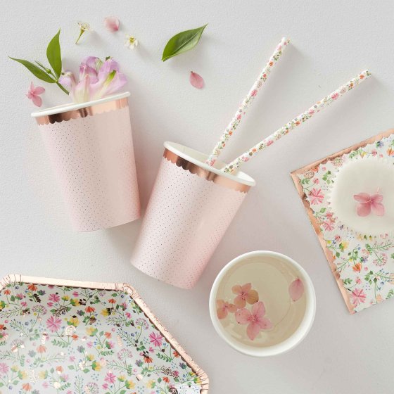 ditsy floral pink and rose gold paper party cups baby shower garden party tea party bridal shower birthday hens party decorations