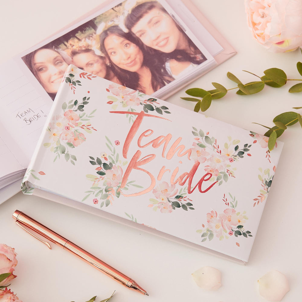 team bride rose gold floral hen bridal shower bachelorette bridal shower party photo album keepsake book gift for the bride to be 