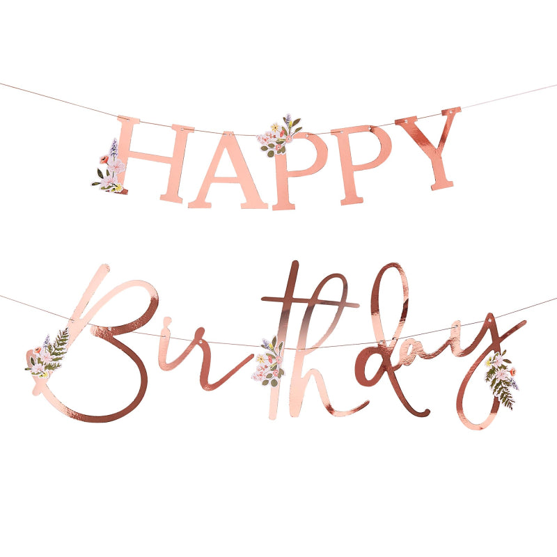 happy birthday rose gold tea party floral theme garden cocktail party banner bunting words decorations