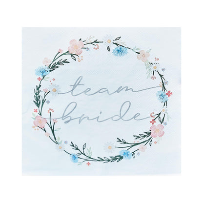 floral flower boho design paper party napkins for a bridal shower, bachelorette or hens party. Has words 'team bride' written on them