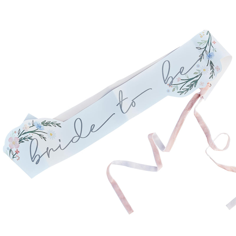 floral flower sash that says 'bride to be' for a boho themed or garden cocktail party bridal shower, hens party or bachelorette party