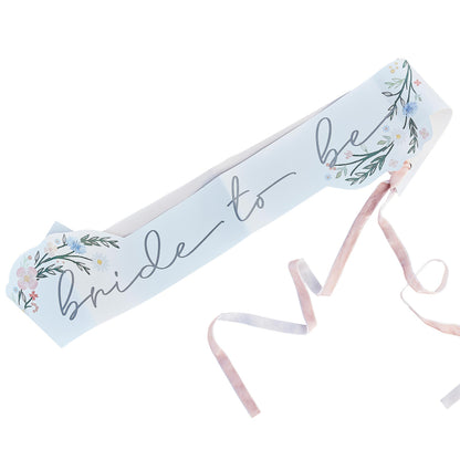 floral flower sash that says 'bride to be' for a boho themed or garden cocktail party bridal shower, hens party or bachelorette party