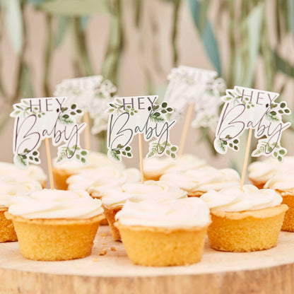 Hey Baby Greenery Botanical Cupcake Toppers