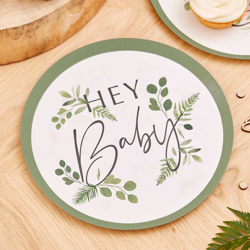 Hey Baby Greenery Baby Shower Paper Party Plates x 8