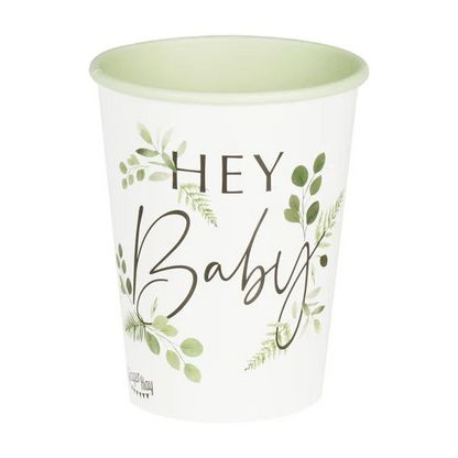 botanical greenery leaf style paper party cups with the words 'hey baby' printed on them for a botanical gender neautral baby shower party theme decoration