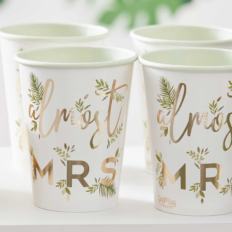 green botanical design hens party paper party cups with the words 'almost mrs' printed on them and a leaf design for a bridal shower, hens party or bachelorette party decorations