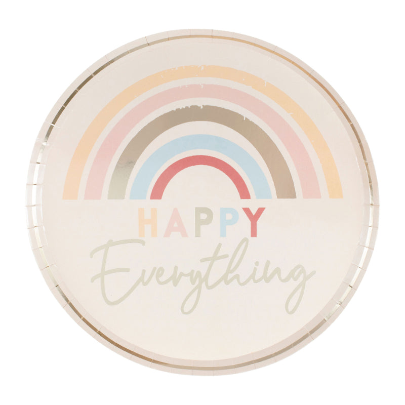 muted pastel tones paper party plates that read the words 'happy everything' on them with pastel rainbow designs for a joyful happy birthday party theme