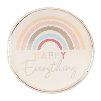 muted pastel tones paper party plates that read the words 'happy everything' on them with pastel rainbow designs for a joyful happy birthday party theme