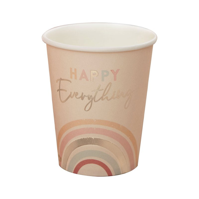 nude pastel themed paper party cups that read the words 'happy everything' with rainbows on them for a happy joyful birthday party theme