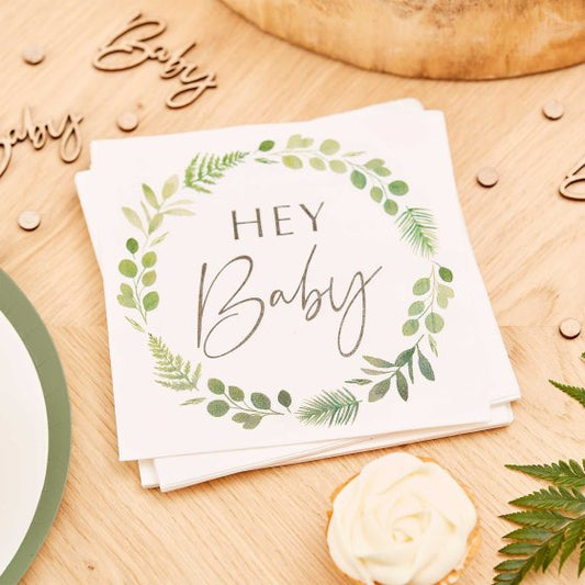 hey baby botanical gender neutral foilage green and white baby shoer gender reveal napkins serviettes