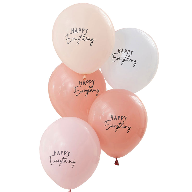 nude cream neautral colour tone balloons with the words 'happy everything' printed on them for a joyful happy birthday party theme decoration