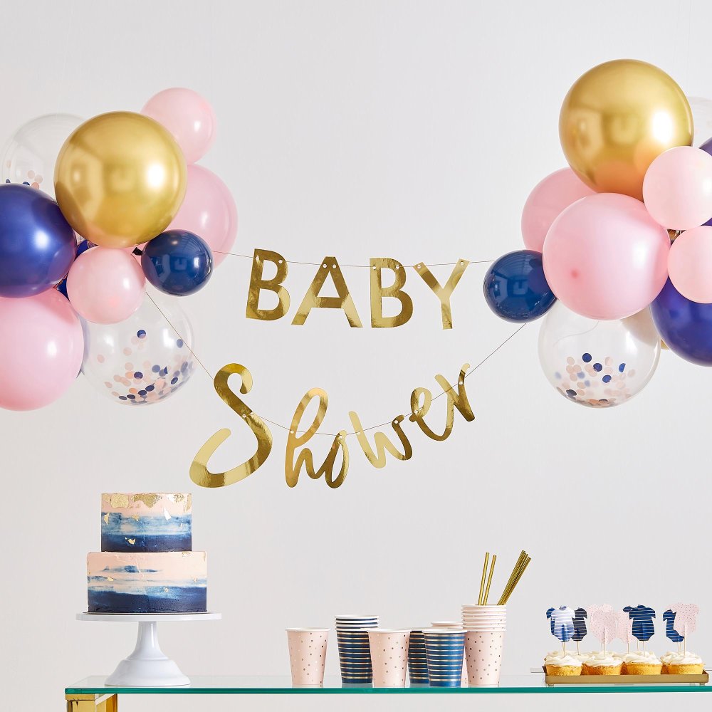 Pink Navy Gold Baby Shower Sign Banner Bunting Decoration