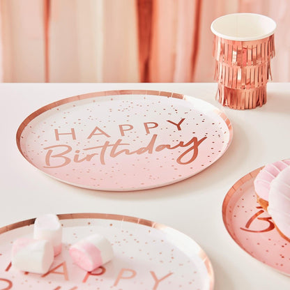 Pink & Rose Gold Happy Birthday Paper Party Plates
