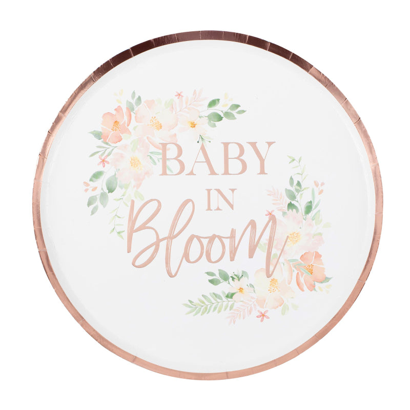 Rose Gold Floral Baby in Bloom Baby Shower Paper Party Plates