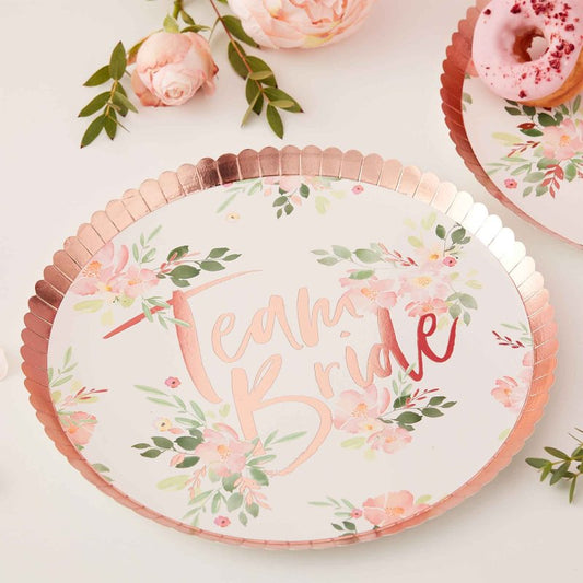 Rose Gold Floral Team Bride Hens Party Paper Plates
