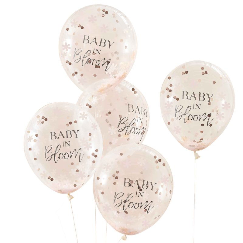 Rose Gold Floral & Confetti Baby in Bloom Baby Shower Balloons