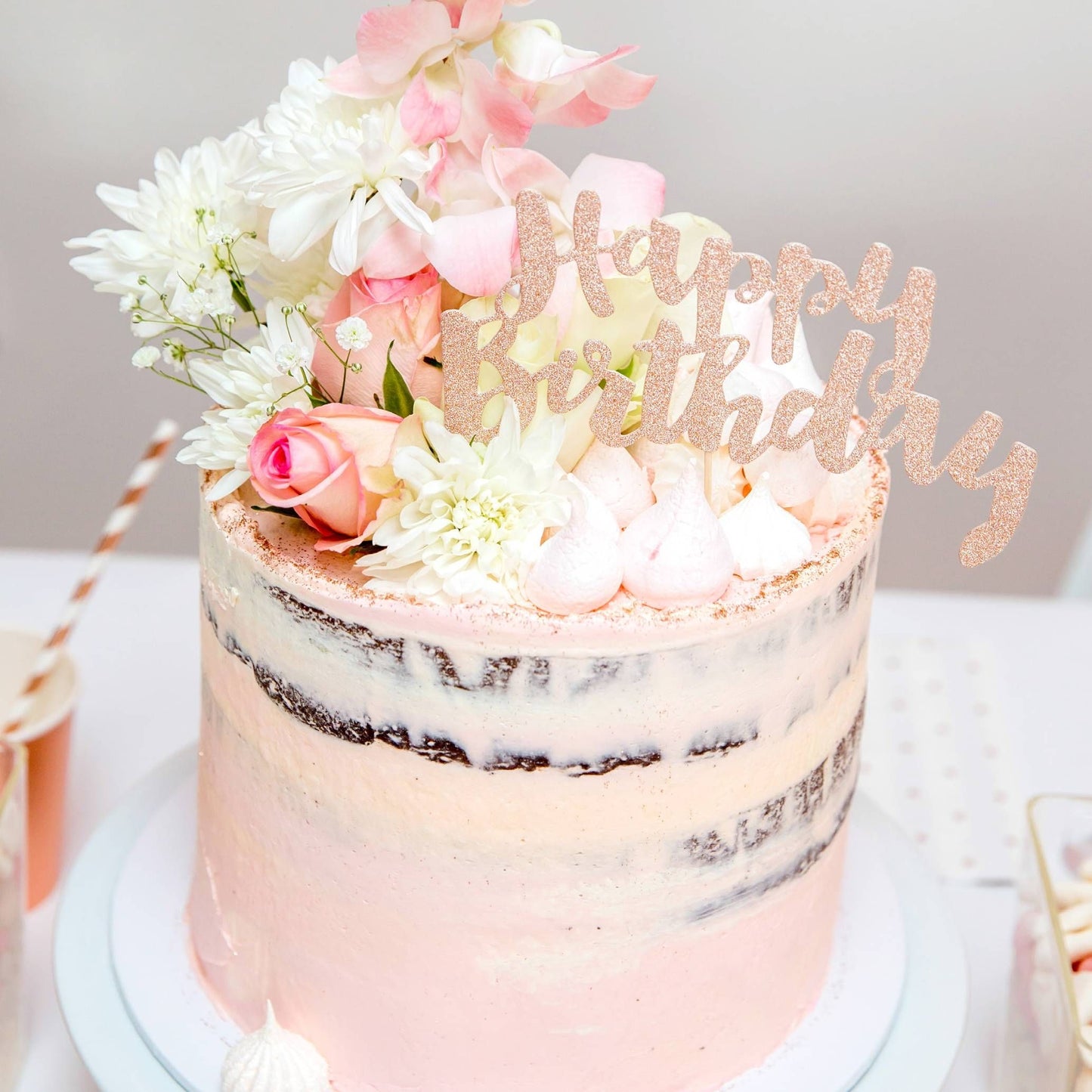 Rose Gold Glitter Happy Birthday Party Cake Topper