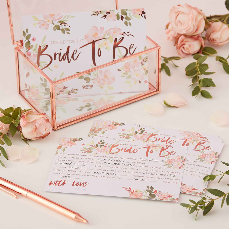 advice for the bride hens party bachelorette bridal shower card game keepsake gift for the bride to be rose gold floral flower design