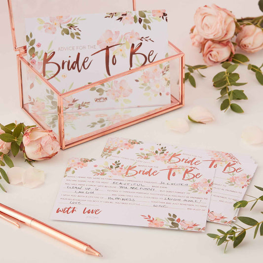 advice for the bride hens party bachelorette bridal shower card game keepsake gift for the bride to be rose gold floral flower design