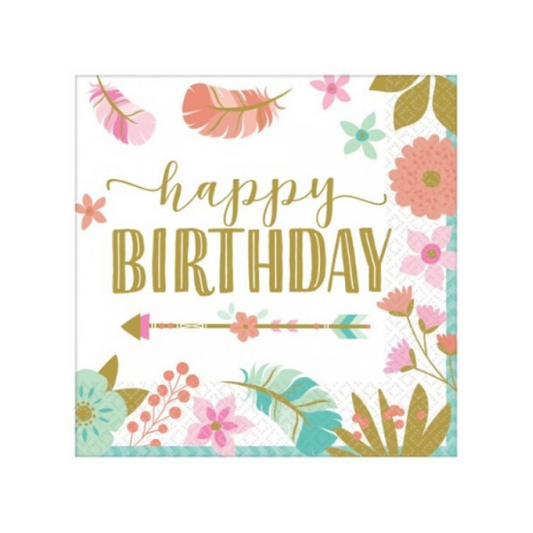 Small Boho Happy Birthday Paper Party Napkins Serviettes